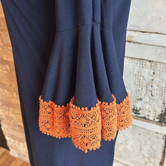 Judith March navy straight line dress 3/4 orange crochet bell sleeves lined boho - Picture 9 of 16